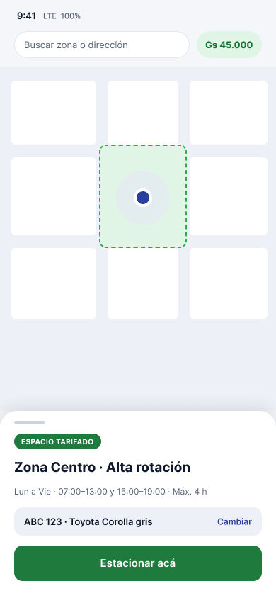 La app mostrando la zona tarifada detectada, su horario y el botón para estacionar.
